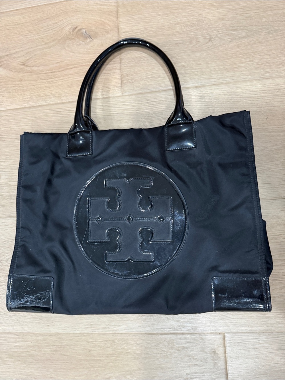 Tory Burch Black Nylon Tote with Patent Logo and Handles
